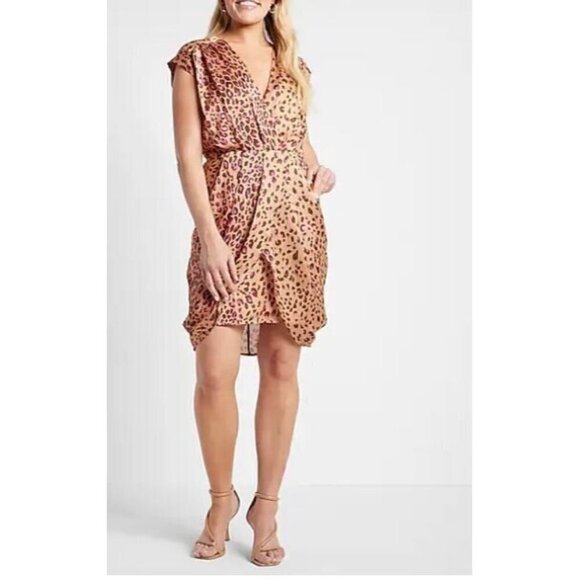 Express Dress Womens Medium Leopard Print Draped Satin Mini Sheath V Neck Boho - Picture 1 of 8